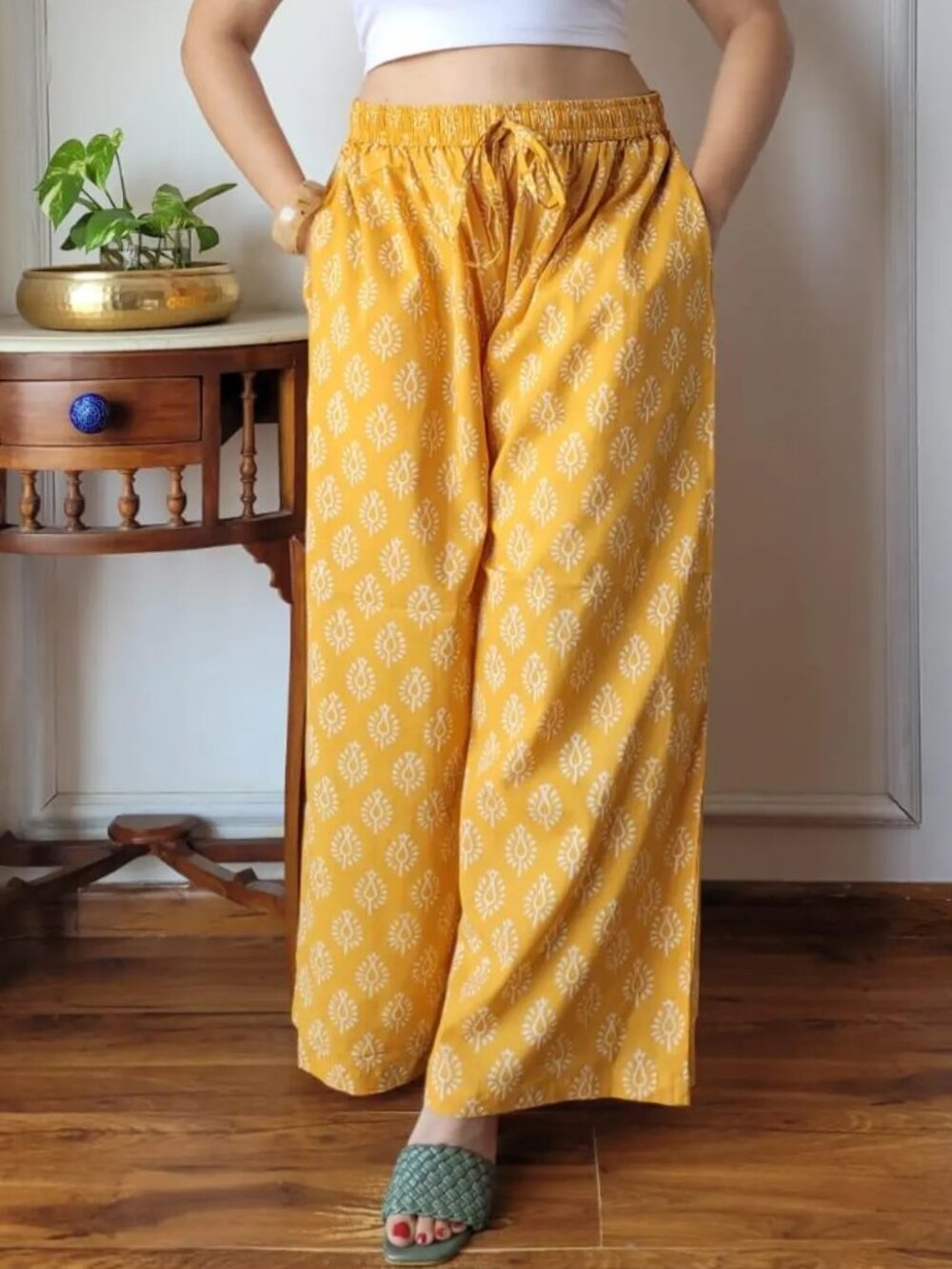 Yellow Block Print 100% Cotton Palazzo Pant